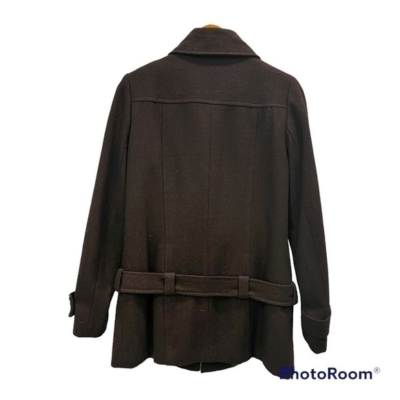 DARK BROWN wool blend belted peacoat size medium - Picture 3 of 13